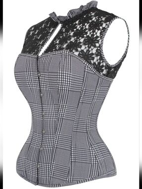 Corset Story Steel Boned Lace Corset Top Houndstooth Gothic Victorian UK 18